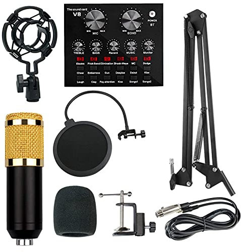 Kit de microphone à condensateur, kit de micro avec carte son en direct, kit de microphone de studio professionnel pour podcast, carte son en direct avec effets et changeur de voix, pour podcast, st