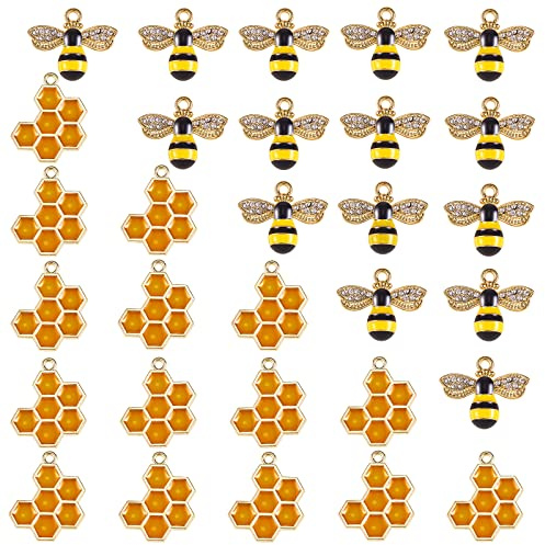 COGCHARGER 30 Stück Bienen Charm Anhänger Mit Emaille Waben Legierung Strass Bienen Charm Golden Für Schmuck Halskette Armband Ohrringherstellung Basteln