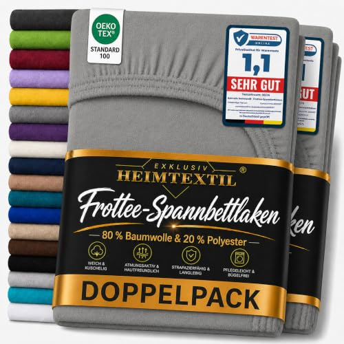 EXKLUSIV HEIMTEXTIL Frottee Spannbettlaken Marke Doppelpack 120 x 200 cm 80% Baumwolle, 20% Polyester Öko - Tex Zertifiziert, Markenqualität, Matratzenhöhe bis 25 cm, Grau