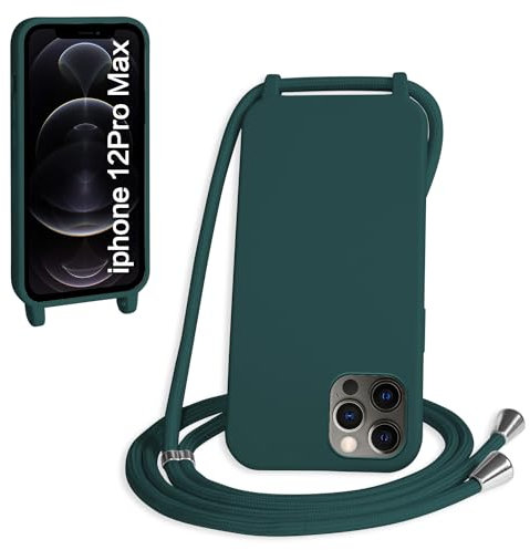 WenBaby Coque avec Cordon pour iPhone 12 Pro Max,Collier pour Étui bandoulière Colliers de cellulaire Mince Antichoc Réglable Lanyard Silicone Case,Vert foncé