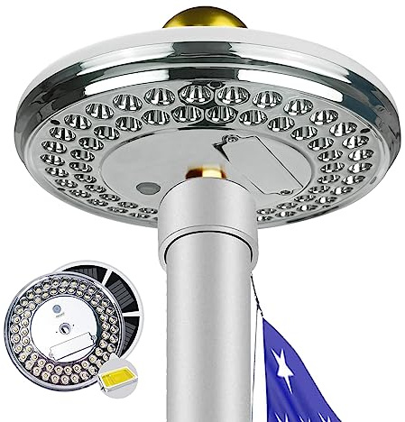 Solar-Fahnenmast der 2. Generation, 60 LEDs, superhelles Fahnenmast-Solarlicht, 30 % heller, IP65 wasserdicht, für 3.8 bis 7.5 m Boden-Teleskop-Fahnenstangen (Deluxe, silberfarben) )
