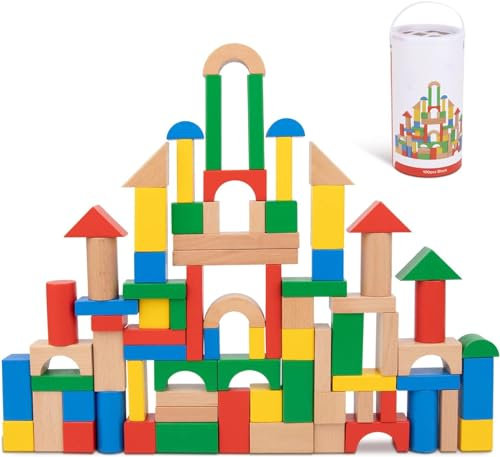 Tooky Toy Farbige Holzbausteine mit 100 Teilen zum Bauen