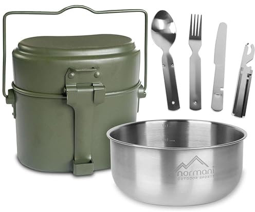normani Outdoor Geschirrset Essbesteck + Aluminium Kochgeschirr + Schale 18/8 Stahl - rostfrei Farbe Olive
