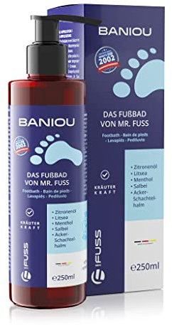 Mr. Fuss® BANIOU Fußbad Badezusatz mit wertvollen Kräutern, enthält feine, natürliche Badeöle. Fusspflege Schaumbad & Entspannung mit SPA Effekt 250ml