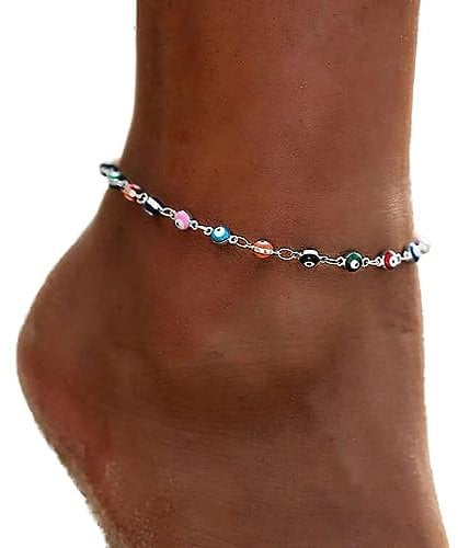 Clataly Couleur mauvais oeil chaîne de pied or/argent perles chaîne de pied chaîne de pied été plage chaîne de pied femme fille bijoux réglables (Argent)