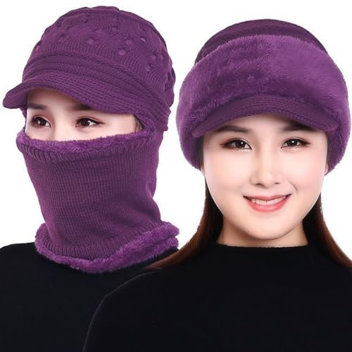Rayson Cagoule Femme Hiver Tricoté Chaud Bonnet avec Cache Cou Doublé Polaire Unisexe Balaclava pour Ski Sports de Plein Air(Violet)