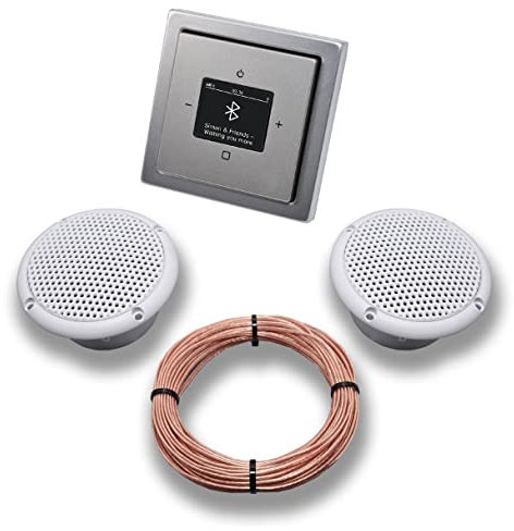 Busch Jäger DAB+ Unterputz Bluetooth (in and out) Radio 8217U-101 PUR Edelstahl, Komplett-Set mit 2 x Decken Feuchtraumlautsprecher/Badezimmer + 20 m Lautsprecherkabel 2x0,75 mm2 8217 U - 101