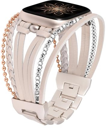 Wearlizer Posh Leather Bands Compatible with Apple Watch Series 9/8/7(41/45mm), SE/6/5/4(40/44mm), Ultra/Ultra 2(49mm) and 3/2/1 (38/42mm) Women Boho Handmade Braided Bracelets Multilayer Wrap Strap