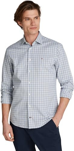 Tommy Hilfiger Men's CL Stretch Small Check Shirt L/S Shirt, Light Blue Check, 39W
