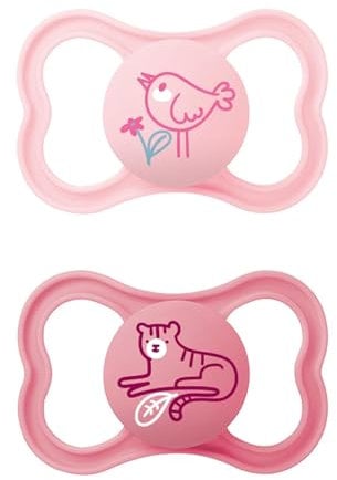 MAM Air Silikon Schnuller im 2er-Set, extra leichtes und luftiges Schilddesign, zahnfreundlicher Baby Schnuller aus speziellem MAM SkinSoft Silikon mit Schnullerbox, 16+ Monate, Vogel/Tiger