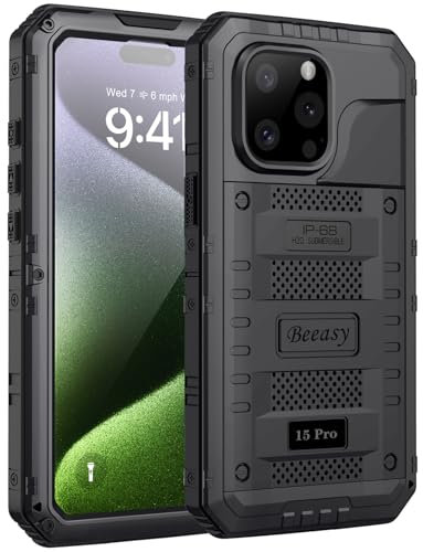 Beeasy für iPhone 15 Pro Hülle Wasserdicht Outdoor Stoßfest Metall Schutzhülle, Militär 360 Grad Panzerhülle Staubdicht mit Displayschutz Robust Hardcase Heavy Duty Handyhülle Case 6,1, Schwarz