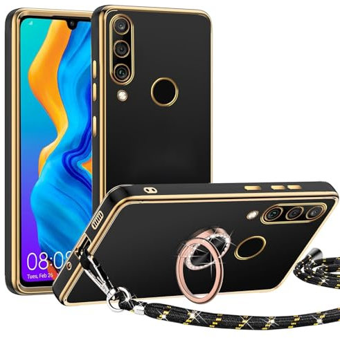 TUUTPU Funda para Huawei P30 Lite con Cuerda, Carcasa con Soportes Anillo de 360 Grados, Suave Silicona Antigolpes Caso con Movil Collar Correa de Cuello Cadena, Negro