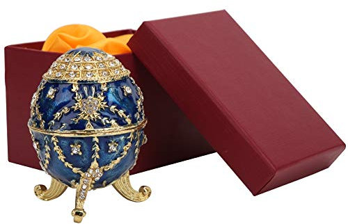 Emailliertes Faberge-Ei, handbemaltes emailliertes blaues Faberge-Ei im Stil einer dekorativen, aufklappbaren Emaille-Schmuckdose Einzigartiges Geschenk/Ornament für Haus, Kommode, Geburtstagsparty