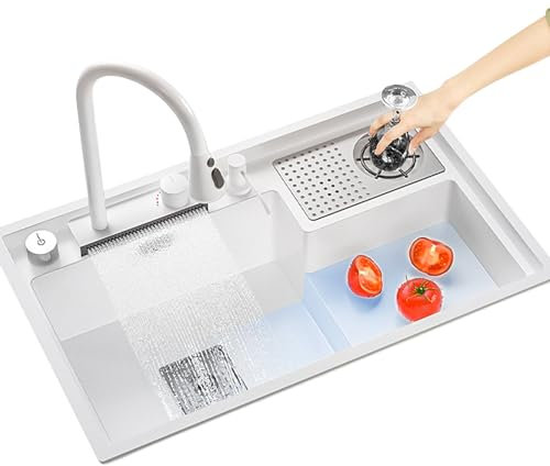 Lavello da cucina, lavello con gradino in quarzite a cascata Deluxe da cucina, comandi da tavolo con rubinetto estraibile e lavatrice in vetro, postazione di lavoro per lavello da cucina
