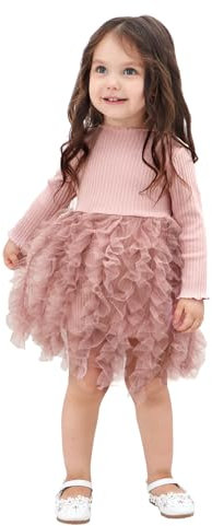 Miipat Robe Bébé Fille Manches Longues Tulle Princesse Automne Hiver Tricot Côtes Pull Rose 110 2-3 Ans