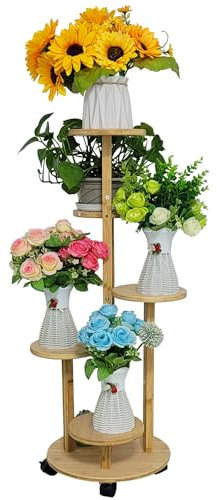 Bai You Mei Escalier de fleurs en bois blanc avec roulettes - Étagère d'angle pour plantes d'intérieur - Banc haut - Pour intérieur - Bois clair (naturel)