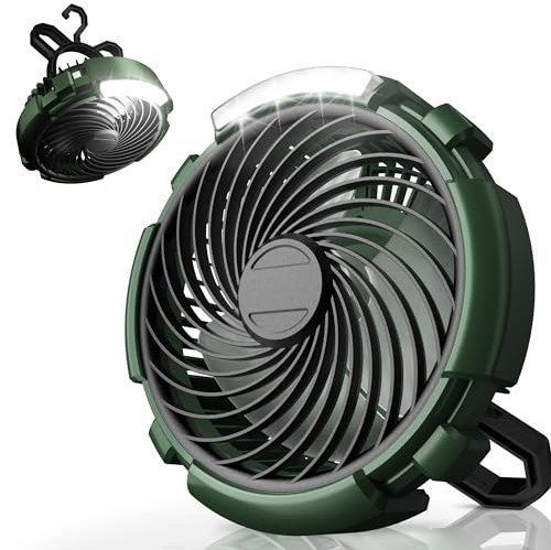 ASNUG Camping Fan with LED Lantern, 6000mAh Battery Operated Rechargeable Fan, 3 Speeds,180° Rotation, Portable Desk Fan with Hanging Hook, Tent Fan for Camping Travel Fishing Outdoor
