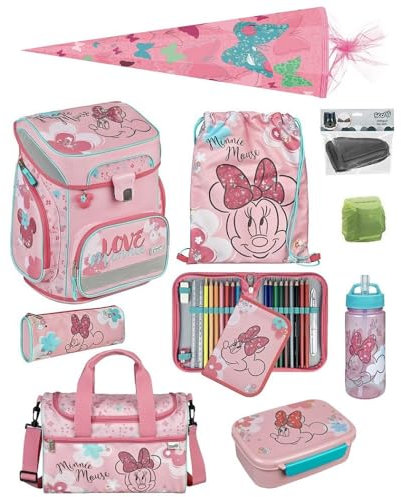 Familando Mädchen Schulranzen 1. Klasse · Scooli EASY FIT · ergonomischer Tornister · Schulranzen-Set für Mädchen (10-teilig mit Schultüte, Disney Minnie Maus/Rosa)