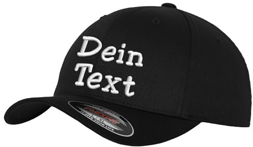 Flexfit Wooly Combed Basecap Bestickt mit Wunschtext (DE/NL/SE/PL, Alphanumerisch, L, XL, Black/Black)