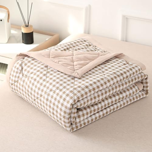 DOTBUY-SHOP Quilted Bedspreads, Check Quilt Bed Throws Cotton Filling Duvet Super King Single Double Size Children's Bed Reversible Quilted Throw for All Season (Khaki,150x200cm)