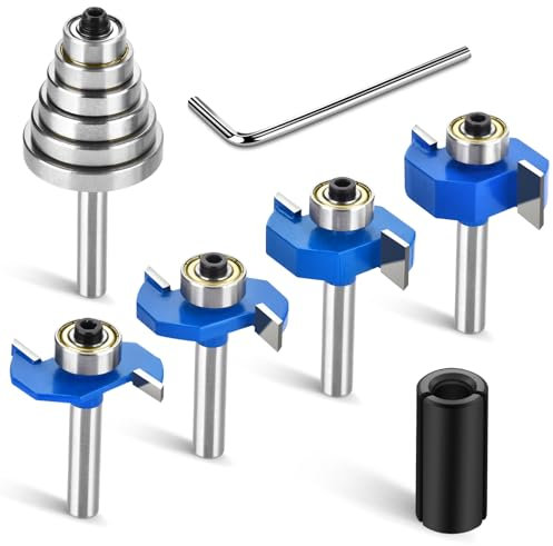 4pcs Router Bits 1/4 Shank with 6 Bearings Set 1/40.6 cm, 1/20.3 cm, 3/40.6 cm, 1/10.2 cm, 5/40.6 cm, 3/20.3 cm Rabbeting Router Bit for Wood Grooving, Interchangeable Bearings with 1/5.1 cm to 1/10.2