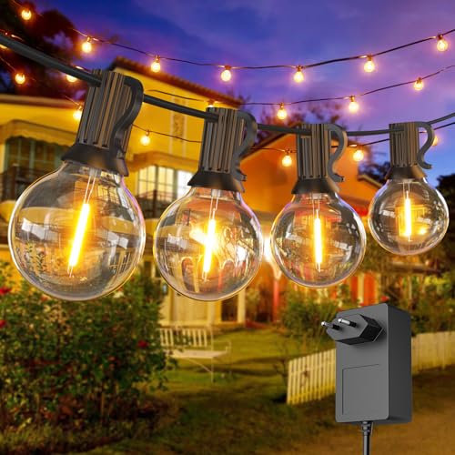 FARNY Lichterkette Außen, 7,6M/25FT 24V Niederspannungs Outdoor Lichterkette mit 12+1 Wasserdicht Kunststoffbirnen, G40 LED Lichterkette für Garten, Hochzeit, Haus, Café, Gazebo, Terrasse
