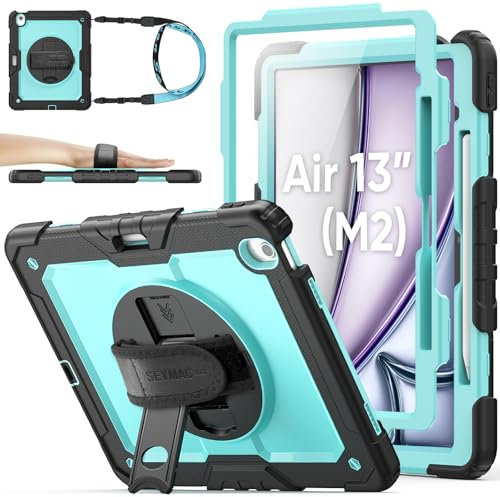SEYMAC stock Funda para iPad Air 13 Pulgadas M3/M2 2025/2024, Funda Resistente con Protector de Pantalla/Portalápiz/Correa de Mano giratoria 360/Soporte/Bandolera, Azul Claro