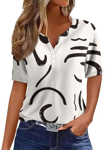 Vente FlashHUIFUAO T-Shirts pour Femmes, T-Shirts d'été à Boutons avec col en V et Manches 3/4 pour Femmes, Haut rayé de Couleur, t-Shirt d'été Basique pour Femme, Coupe Ample, Z08 Blanc, S