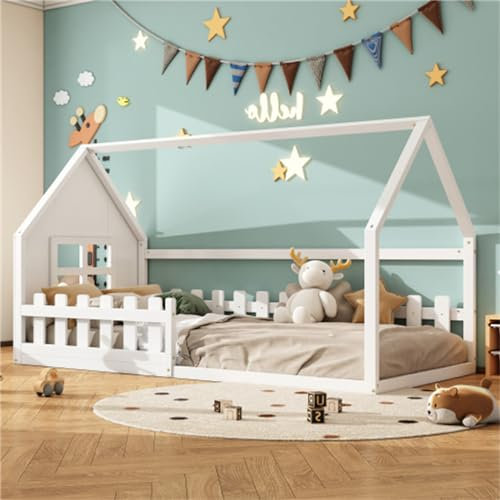 Charmantes Einzelbettgestell Mit Kinderhaus-Motiv, Das Kreativität Und Spaß Anregt, Ideal, Um Kinderzimmer Mit Einem Hauch Von Fantasie Zu Verschönern(Color:White)