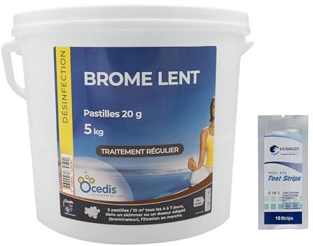 OCEDIS Brome Lent Pastilles 20g - 5kg | Désinfection Régulière - Dissolution Lente + 10 Tests HPS OFFERTS 6 en 1