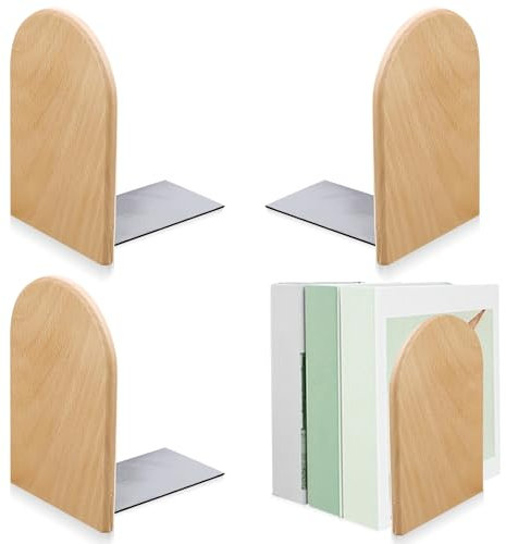 4 Stück Buchstütze mit rundem Kopf aus Buche, 13x10.5x8cm Buchstütze Holz, Buchstützen mit Rutschfesten Gummiauflagen, Abnehmbar Holz Buchstützen und Metallfüßen für Zuhause, Büro, Bücherei