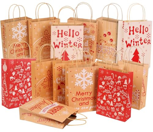 16 Stück Geschenktüten Weihnachtstüten Papiertüten Befüllen mit Henkel Geschenk Tüte für Mitgebsel Süßigkeiten Geschenkverpackung Weihnachten