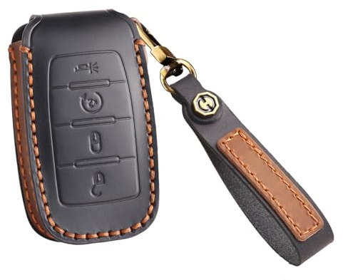 KUNIO Cowhide Leather Car Key Fob Cover Fit for Dodge RAM 1500 2500 3500 4500 5500 Pickup 2019 2020 2021 2022 Key Protective Cover Keychain Key Holder Key Cover 4 Button Black