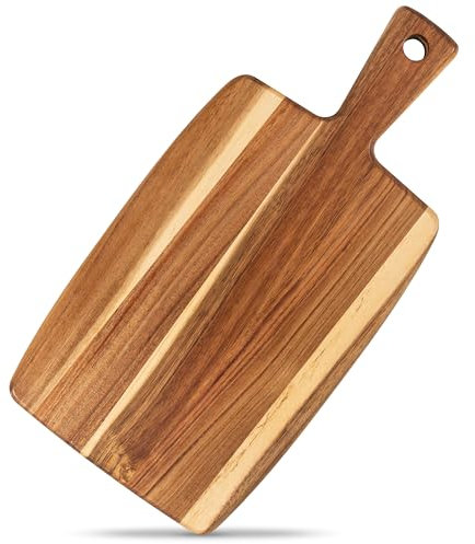 Acacia Wood Cutting Board and Chopping Board with Handle for Meat, Cheese Board, Vegetables, Bread, and Charcuterie - Decorative Wooden Serving Board for Kitchen and Dining Room, 16 x 8