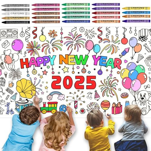 Happy New Year Ausmal-Tischdecke 76 x 183 cm,Kinder Silvester Tischdecke,Frohes Neues Jahr Ausmaltischdecke,Papier-Tischdecke zum Ausmalen Silvester Deko 2025,Neujahrsgeschenke für Kinder.