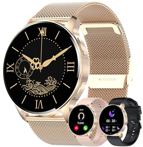 JUBUNRER Smartwatch Damen Herren Telefonfunktion 1,34 HD Touchscreen Fitnessuhr Rund Wasserdicht Schrittzähler Pulsmesser Schlaftracker Menstruationszyklus Geschenke- Android IOS Gold [3 Armbänder]