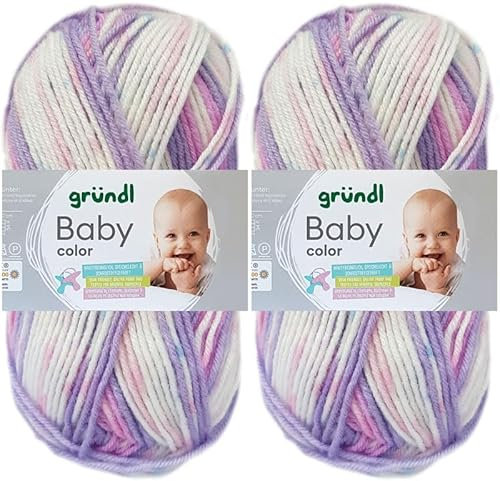 2x50 Gramm Gründl Baby Color Wolle Set inkl. Anleitung für Baby Teddybär (07 Flieder-Mauve-Rosa-Weiss)