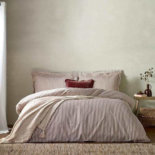 furn. Yard Hebden Mélange Stripe Cotton Duvet Set – Ultra Soft Reversible Striped Bedding (Beetroot – Double)
