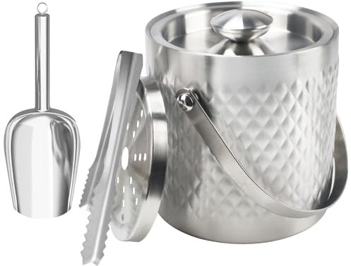 Zythrem 2L Eiswürfelbehälter mit Deckel, Edelstahl Eiskübel, Zange, Sieb, Schaufel, Doppelwandiger Isolierter Eiskübel für die Eiswürfel Aufbewahrung, Bier, Champagner