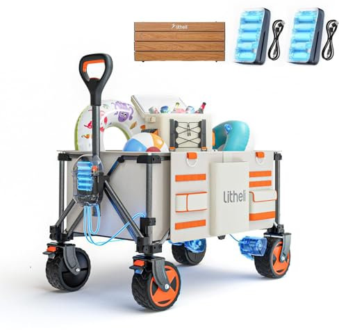 Litheli Chariot électrique Pliable - Double Moteur - avec Freins - 150 l - Charge maximale : 60 kg - Convient pour Le Camping, Le Jardin, la Plage, Les Courses (Beige + Plateau de Table)