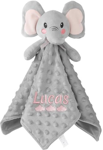 Snewvie Schnuffeltuch Baby mit Gesticktem Namen,Personalisierte Plüsch Komfort Baby Schmusetuch,Weich & Waschbar Kuscheltuch Schlaftier für Babys und Kleinkinder,Babydecke mit Namen(Elefant)