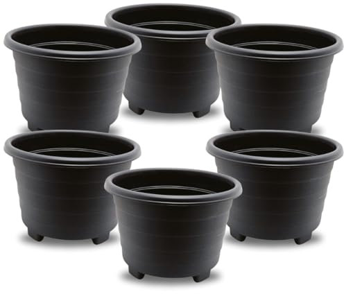SIDSONS Large Sleek Black Planter 39cm - Plastic Plant Pots, Indoor Flower Pot, Outdoor Garden Patio Planters, Marked Drainage Hole, Round Planter With Feet, Herb Plant Container (6, 39cm Sleek Black)
