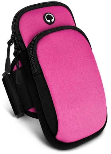 ONEFLOW Premium Sportarmband Handy Armband zum Joggen kompatibel mit iPhone 16e | Lauftasche Smartphone Armtasche weich, 2 Fächer - Sport Handyhalterung Arm, Pink