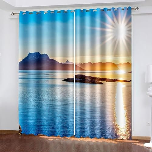 ANAZOZ Tende per Interni con Occhielli,2 x 96W x 229H CM,2 Pezzi Tende Porta Finestra Oscuranti Paesaggio di Lago Montagna e Tramonto Tenda Cucina Giallo Blu
