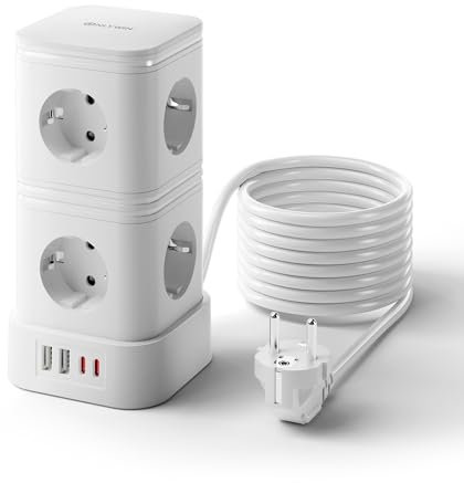 ONLYWIN 8 Fach Mehrfachsteckdose mit USB, 20W PD USB-C Steckdosenleiste Überspannungsschutz mit 2 m Verlängerungskabel, Mehrfachstecker Steckdosenturm mit Schalter, 16A/3840W Gesamtleistung, Weiß