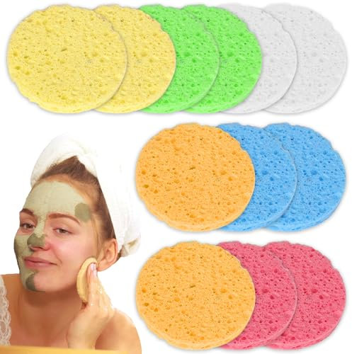 12 PCS Compressed Facial Sponges, Round Cellulose Facial Sponge, 100% Natural Wood Pulp Cotton Face Washing for Facial Cleansing Pore Exfoliation - Multicolor