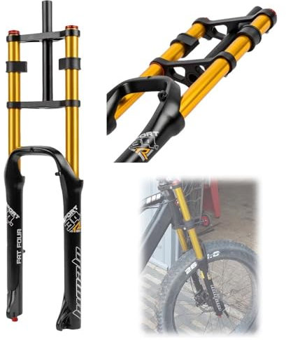 pykaaiiu MTB Federgabel 26 Zoll, Federgabel 26 Zoll 190MM 4.0 Reifen Fette Gabel 1-1/8 Luftgabel Zugstufen-Einstellung Scheibenbremse 9mm QR Fahrrad Vorderradgabel Für Schnee Strand E-Bike(Gold)