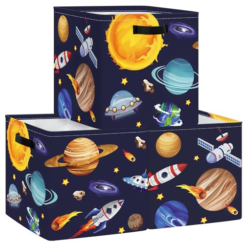 Clastyle 3 Stück Kosmischer Weltraum Kinder Aufbewahrungsbox Stoff für Kallax Faltbar Aufbewahrungskorb Klein Junge Mädchen Schrank Organizer Kleiderschrank für Regal,Sonnensystem,30x30x30 cm