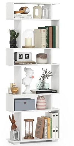 COSTWAY 6-Tier S-shaped Bookshelf, Geometric Bookcase Ladder Shelving Unit with 2 Anti-tipping Kits, Freestanding Tall Storage Shelf Open Display Rack for Living Room, Bedroom & Office (White)