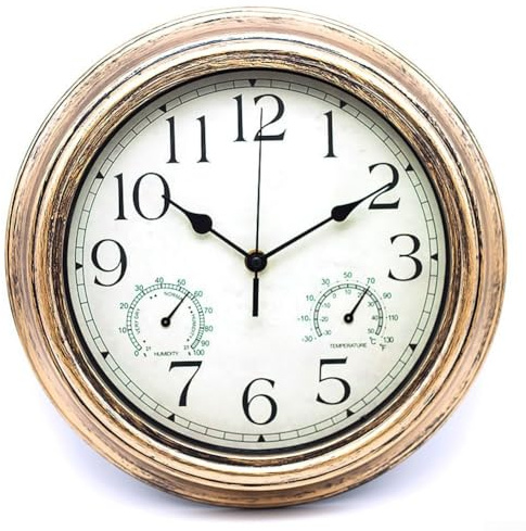 Outdoor Garten Bahnhof Uhr Mit Thermometer, Antike Bronze Doppelseitige Dekorative Großen Garten Uhr, Retro Stille Wanduhr (Bronzegold)